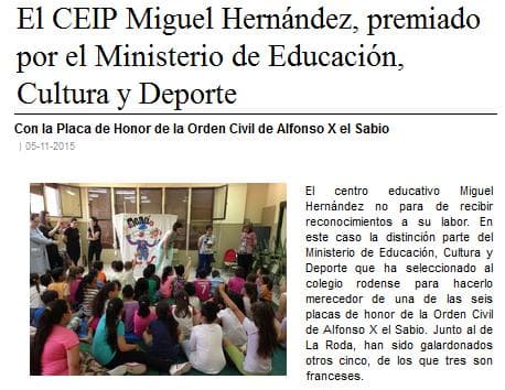 CEIP Miguel Hernández premiado por el Ministerio
