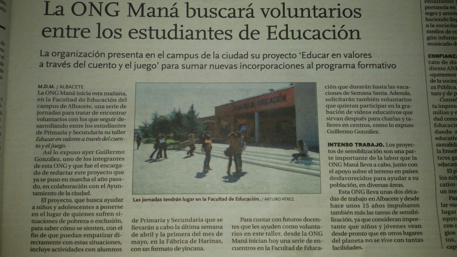 ONG Maná busca voluntarios entre estudiantes de Educación